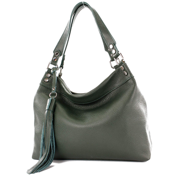 modamoda de - T201 - ital. Damen Schultertasche aus Echtleder Schwarzgrün, Schwarzgrün