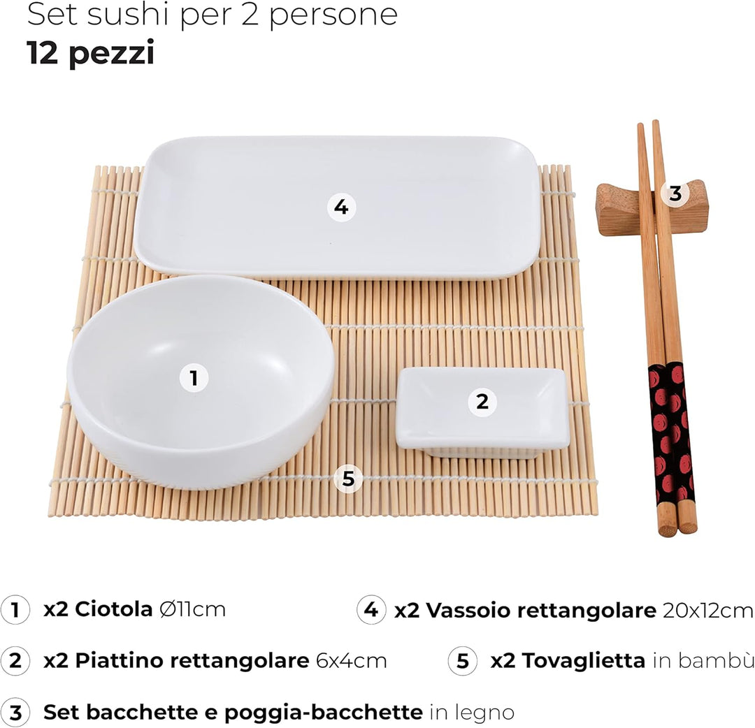 MasterPro Foodies | Sushi Set 12-teilig | Inklusive Sossenschalen, Telller, Esstäbchen und Tischdeck