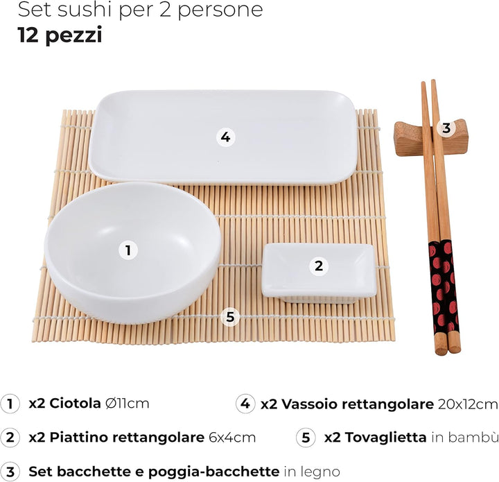 MasterPro Foodies | Sushi Set 12-teilig | Inklusive Sossenschalen, Telller, Esstäbchen und Tischdeck