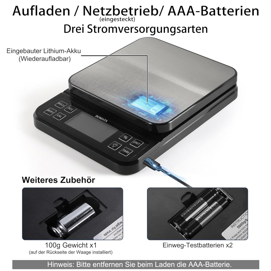 BOMATA 0.1g/5kg Grosse Digitale Küchenwaage, Hochpräzise Bäckereiwaage mit% Prozentfunktion. USB auf