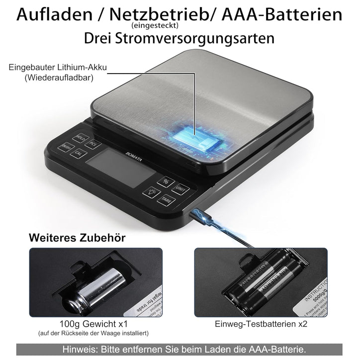 BOMATA 0.1g/5kg Grosse Digitale Küchenwaage, Hochpräzise Bäckereiwaage mit% Prozentfunktion. USB auf