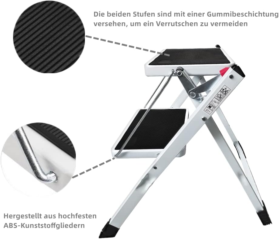 Mini-Klapptritt aus Stahl mit 2 rutschfesten Stufen,trittleiter 2 Stufen klappbar Mini Stufenleiter