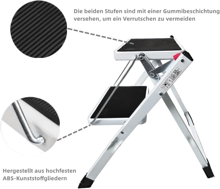 Mini-Klapptritt aus Stahl mit 2 rutschfesten Stufen,trittleiter 2 Stufen klappbar Mini Stufenleiter