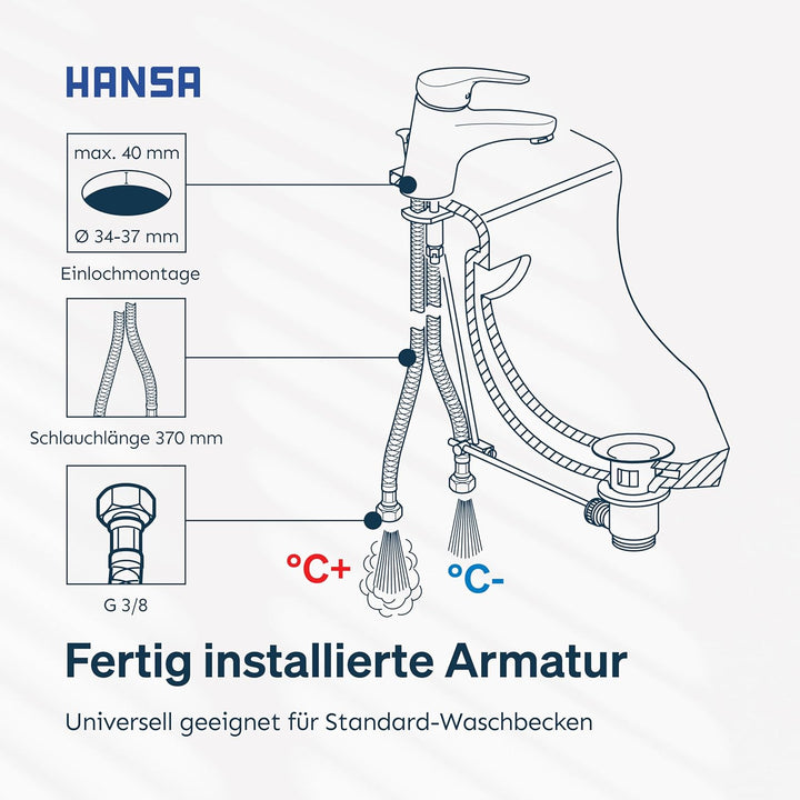 Hansa Waschtisch Einhebelmischer Hansamix, Wasserhahn mit Garnitur und flexiblem Druckschlauch, verc