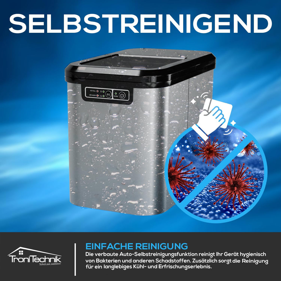 TroniTechnik® Eiswürfelmaschine Eiswürfelbereiter aus Edelstahl, Ice Maker, 12kg/24h, 2,2 Liter Wass