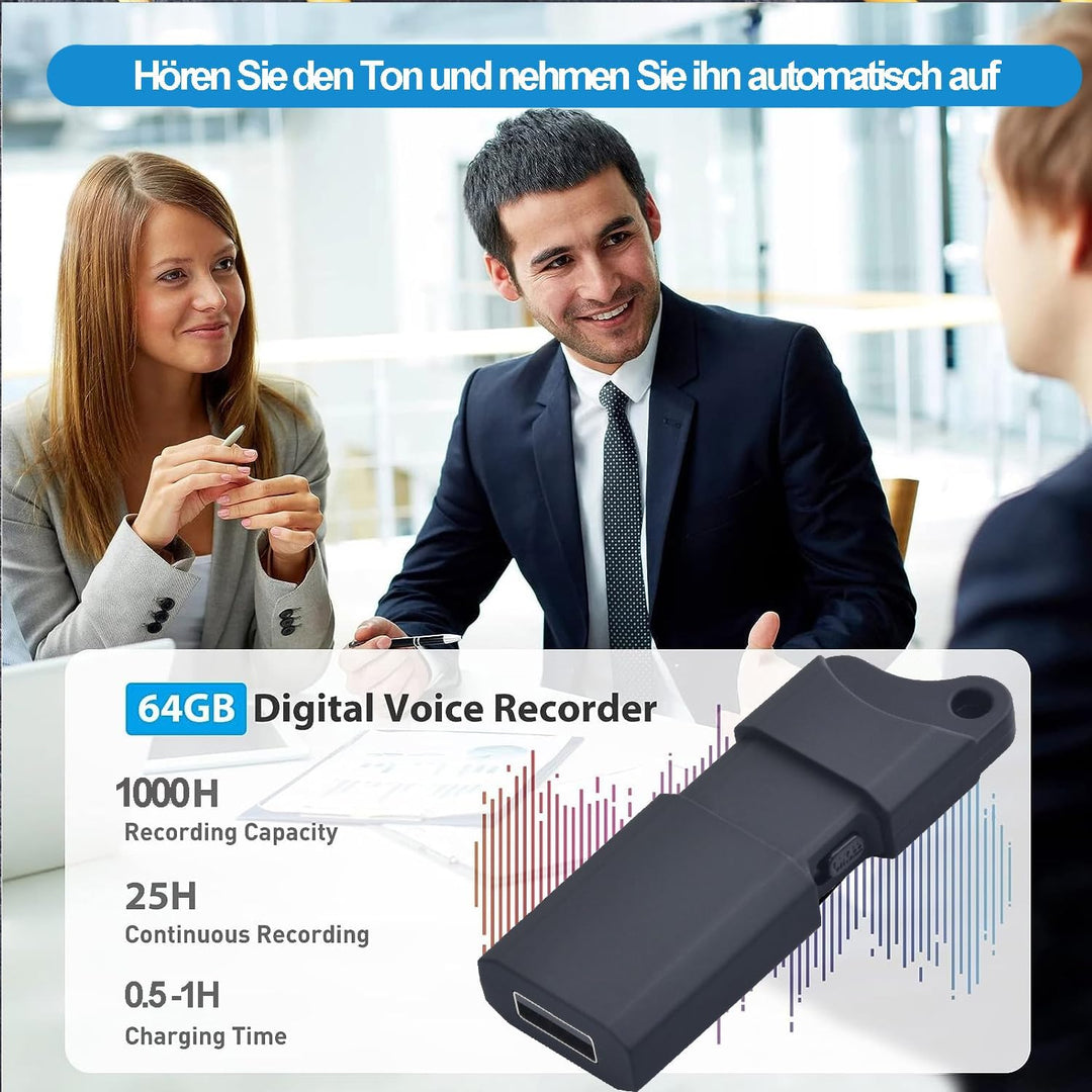USB Digitaler Voice Recorder 64GB Mini Aufnahmegerä Geräuschaktivierte Aufnahmegerät Diktiergeräte m