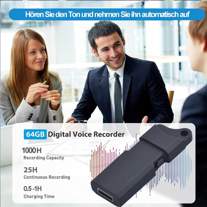 USB Digitaler Voice Recorder 64GB Mini Aufnahmegerä Geräuschaktivierte Aufnahmegerät Diktiergeräte m