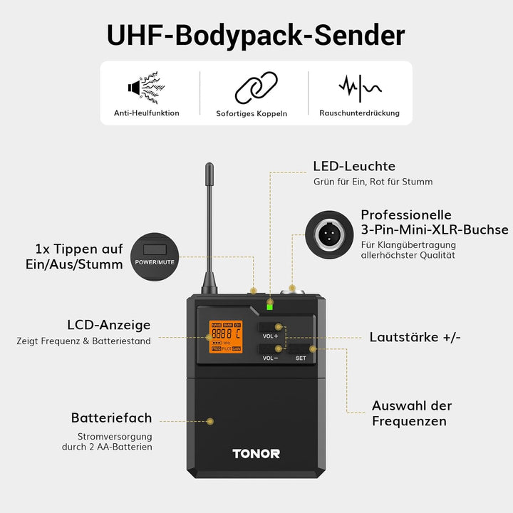TONOR 4-Kanal UHF Mikrofon Kabellos Set mit Handmikrofon/Bodypack Transmitter/Headset Funkmikrofon/L