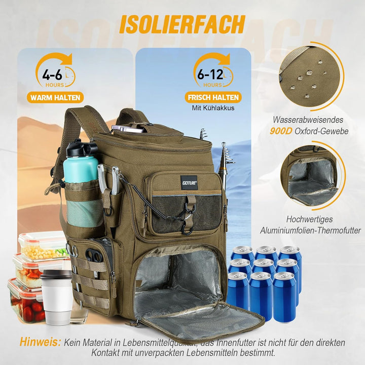 Goture Angelrucksack mit 4 Köderbox Angeln, 55-Liter Angelzubehör-Rucksack mit Zwei Rutenhaltern und