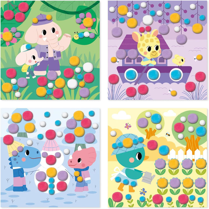 Janod - My Arts & Crafts - 3 Jahre - Pompon-Bastelset - 4 Bilder - Kreatives Hobby Kinder - Feinmoto