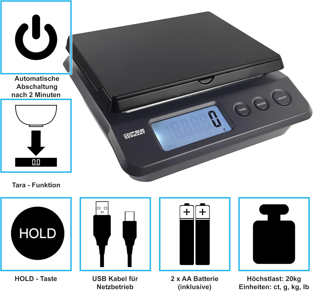 Dipse Parcel 25/20 / 10 kg - Digitale Paketwaage Briefwaage mit USB- oder Batteriebetrieb und 2g / 1