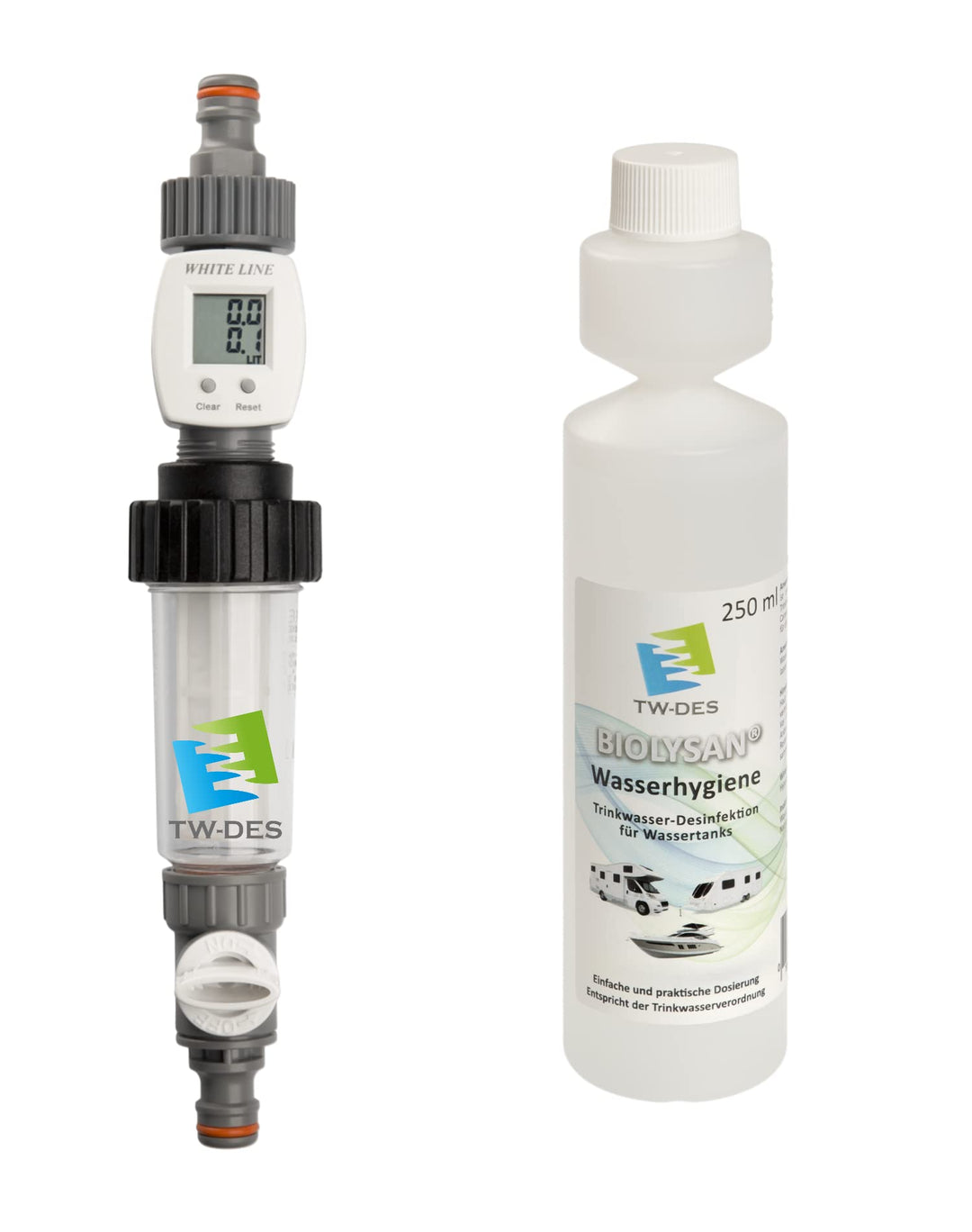TW-DES Original Befüllfilter "COMFORT" mit Wasseruhr inkl. Wasserhygiene für Wohnmobil, Caravan, Boo