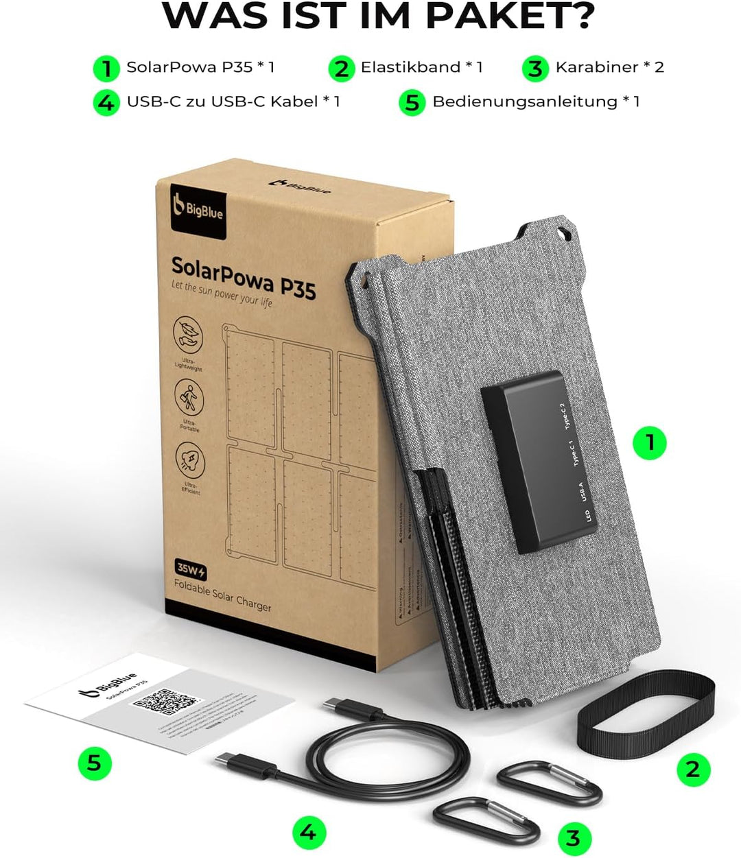 BigBlue Tragbarer 35W Tragbar Solar Ladegerät mit Schnellladung USB-A und PD 25W USB-C für Camping u