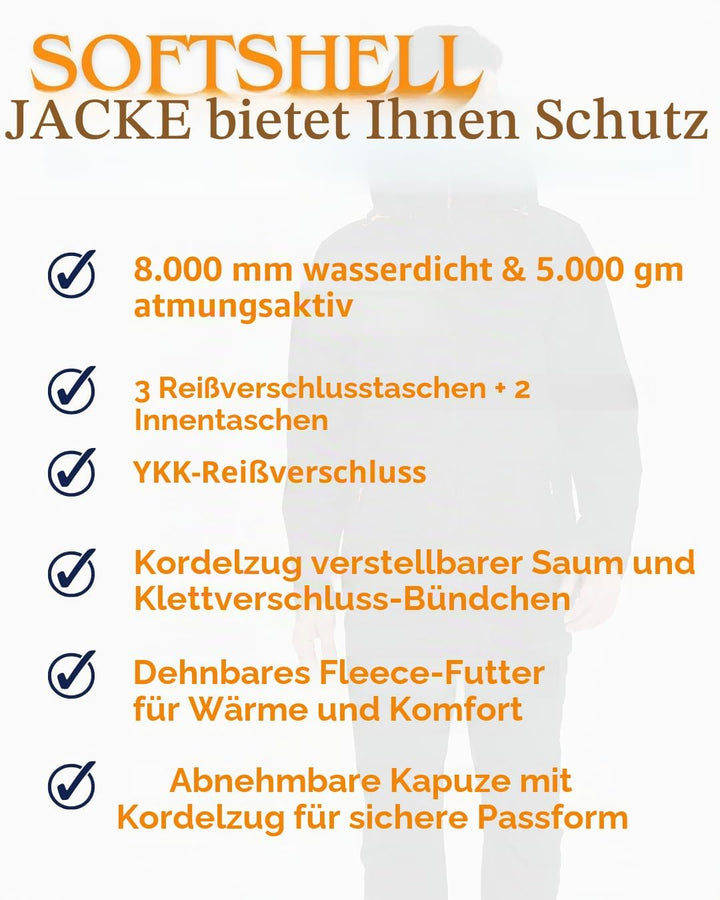 Acme Projects Fleece-Gefütterte Softshell-Jacke Herren Abnehmbare Kapuze Wasserdicht Winddicht Atmun