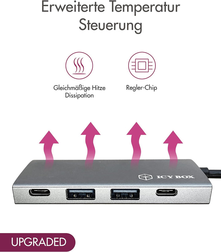 ICY BOX 60709 USB Hub 3.1 Gen 2 mit 4 USB Ports, USB 3.1 Gen2 10 Gbit/s, USB-C Verbindung, Aluminium