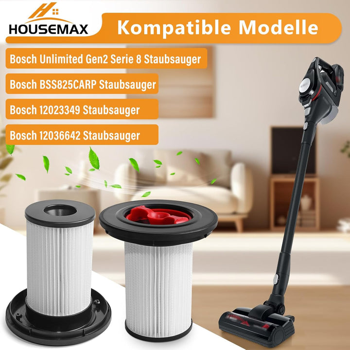 HOUSEMAX 3 Stück Ersatzfilter für Bosch Unlimited Gen2 Serie8 Staubsauger, HEPA Filter mit Reinigung