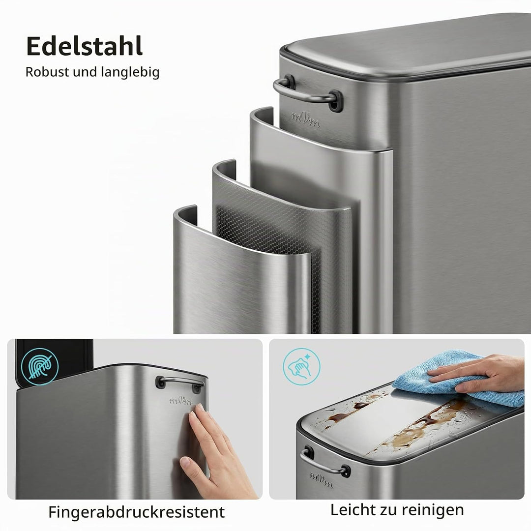 mVm Mülleimer Edelstahl, 6L, Handbetätigter Abfalleimer, Soft-Close Absenkautomatik, Herausnehmbarem