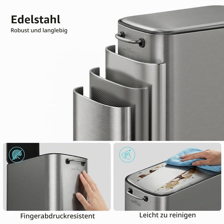 mVm Mülleimer Edelstahl, 6L, Handbetätigter Abfalleimer, Soft-Close Absenkautomatik, Herausnehmbarem