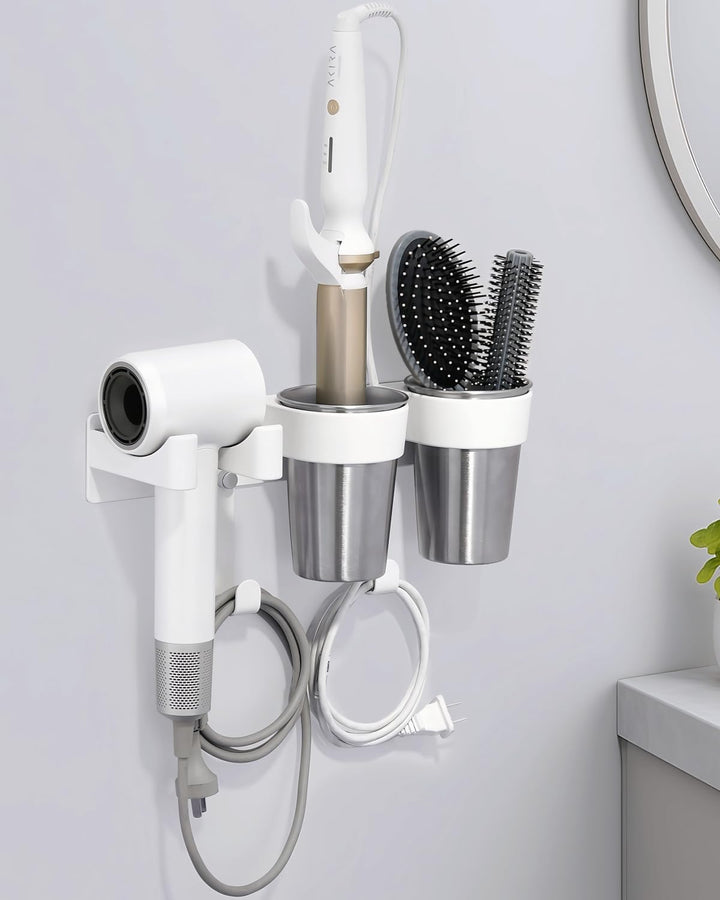 Föhn und Glätteisen Halterung, Fönhalterung ohne Bohren aus hochwertigem Aluminium in Weiss, hitzebe