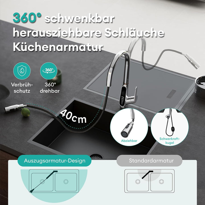 Mai &amp; Mai Wasserhahn Küche ausziehbar, Küchenarmatur mit LED-Digitalanzeig | 360° drehbar Einhebelmi