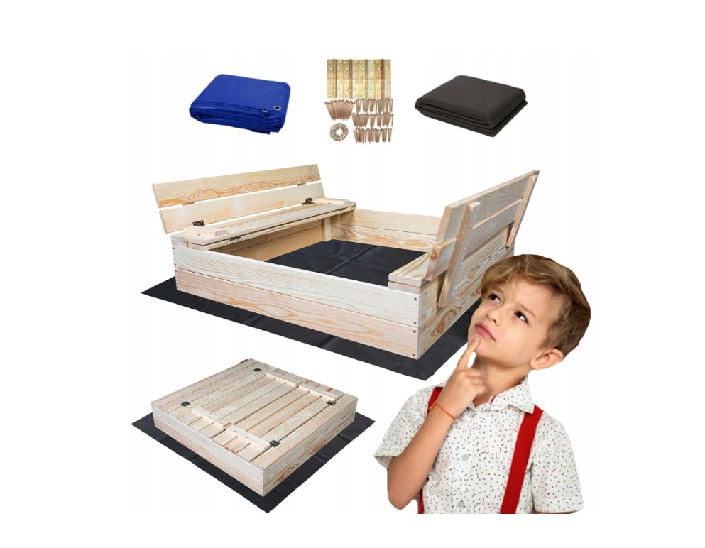 Sandkasten mit Sitzbank 100 x 100 cm, Dach, Naturholz, Sandkasten für Kinder, Spielplatz