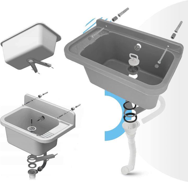 Waschbecken mit Regal 60 x 34 x 21 cm Grau | Spülbecken Ausgussbecken Waschtrog Becken Ablage Überla