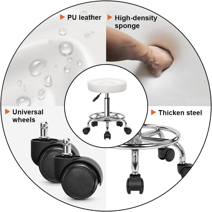 KKTONER Rollhocker Arbeitshocker Barhocker höhenverstellbar 49-64cm drehbar aus Kunstleder Weiss, We