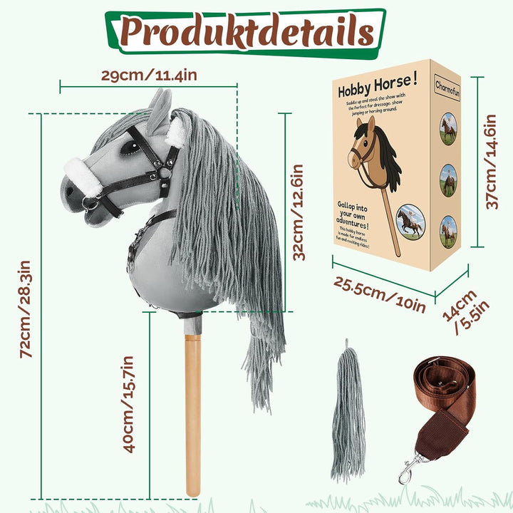 Hobby Horse, A3 Kopfgrösse Steckenpferd Kinder, Hobby Horsing mit Weichem Plüschhalfter, Fliessendem