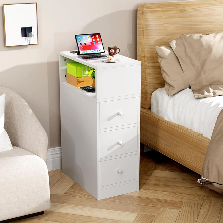 PIPIPOXER Nachttisch schmal, Nachttisch mit Steckdose & USB, Nachtschrank mit 3 Schublade, 1 Offenen