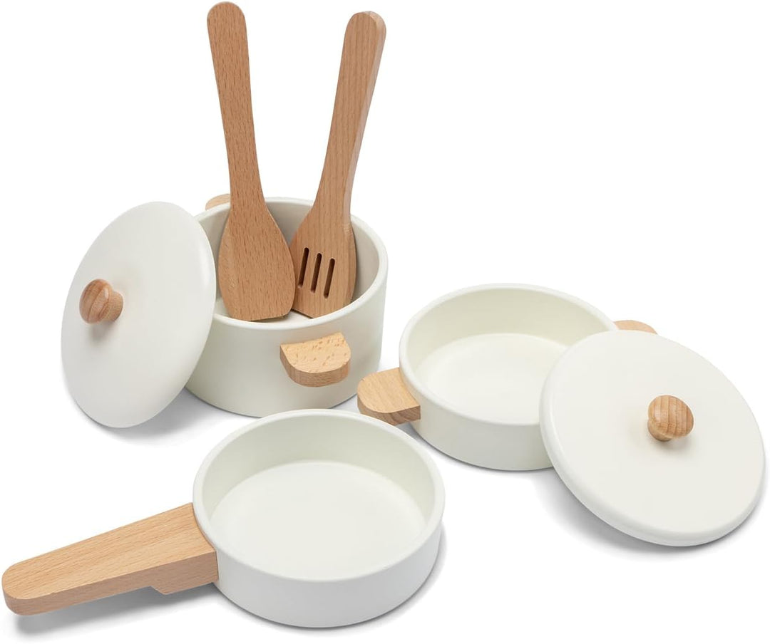 Woet® Holzspielzeug Töpfe und Pfannen Set für Kleinkinder – Spielzeug Küchenset Weiss 7 Teile – Küch