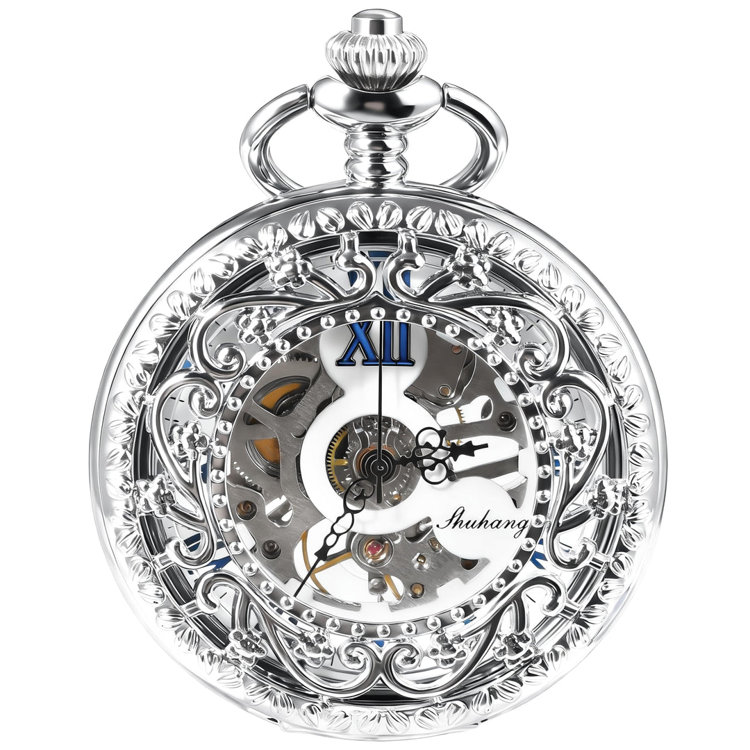 TREEWETO Unisex Taschenuhr mit Kette Analog Handaufzug Skelett Lupe Halber Jäger Silber