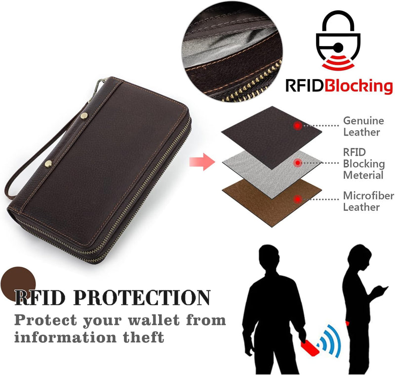 CONTACTS Herren Clutch Handtasche RFID-Schutz,Vollnarbenleder Reissverschluss-Passport Wallet,Busine