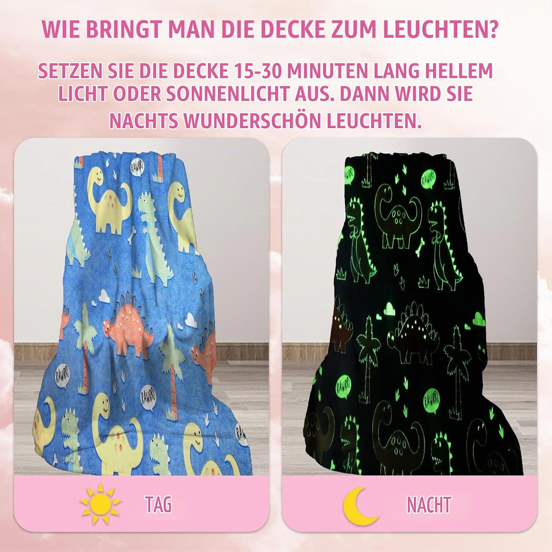 HZVRTN Kuscheldecke Kinder Dinosaurier Decke, Dino kuscheldecke leuchtet im Dunkeln, Dino Decke Gesc
