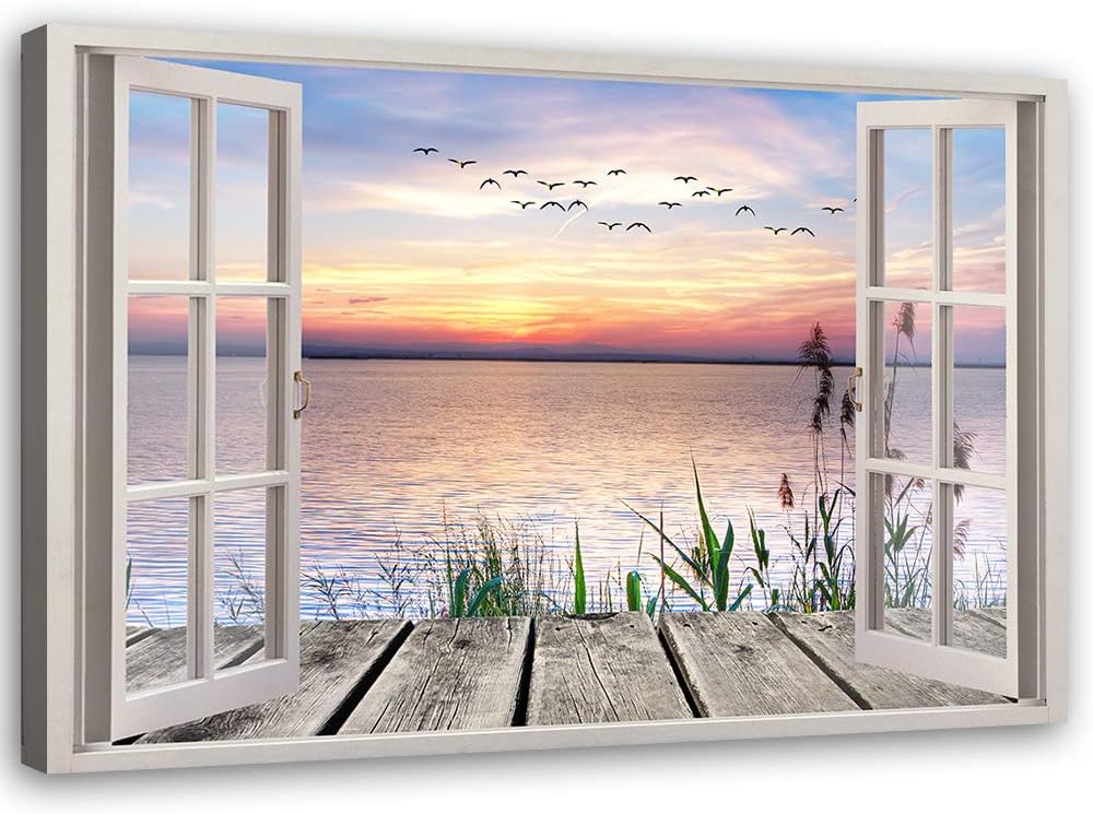 Feeby Viles - Leinwand Bilder - Fensterblick Natur- 90x60 cm- Deko Wohnzimmer - Wandbilder Schlafzim