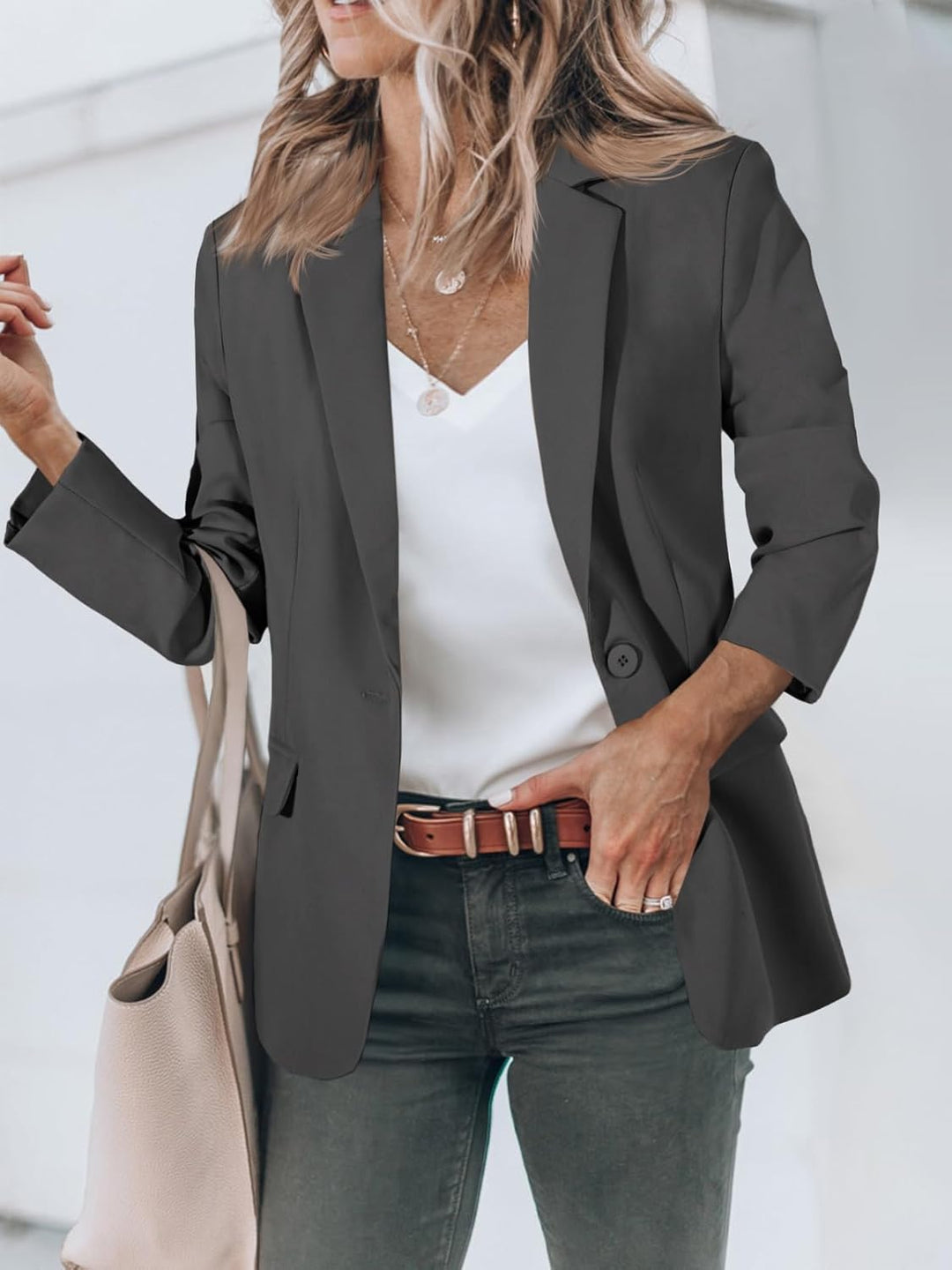 Cicy Bell Damen Langarm Casual Blazer Arbeit Büro Knopf Open Front Jacke Anzug S Black Gray, S Black