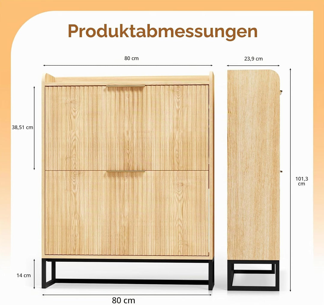 Bonnlo Schuhschrank mit 2 Klappen, Schuhregal mit geriffelte Türen, Schuhkipper Schmal, Schuhaufbewa