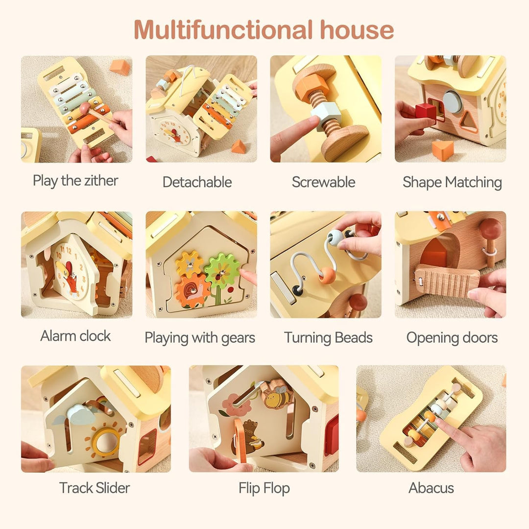 Youuys Montessori Motorikwürfel holzspielzeug Montessori Spielzeug ab 1 Jahr 10 in 1（Beige Haus） Hol