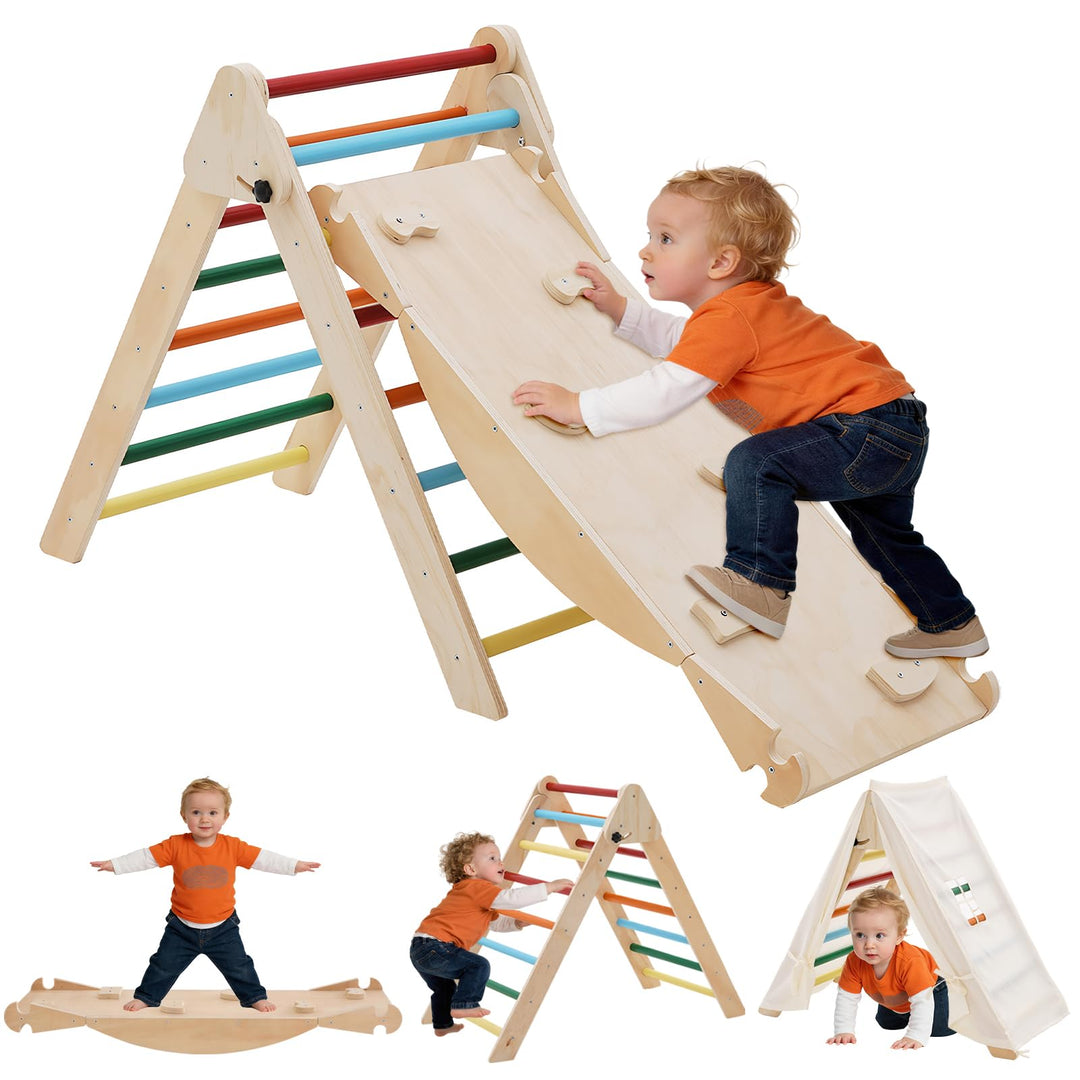5-in-1 Montessori Kletterdreieck, Klettergerüst Indoor mit Rutsche, Kletterleiter und Zeltdach, Wipp