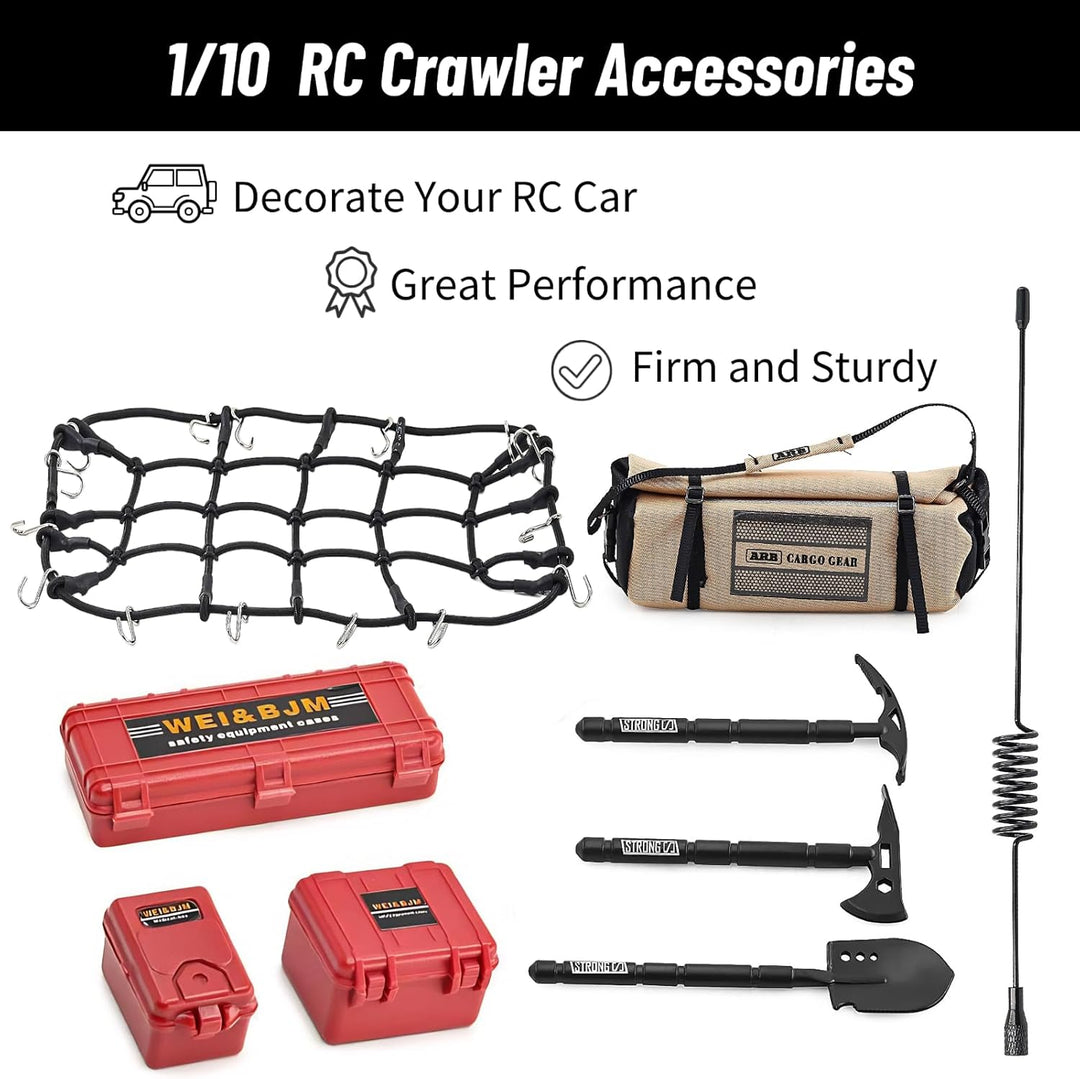 RC Crawler Zubehör, 1/10 Truck Dachträger Rc Zubehör Set 9 in 1 Tankaufbewahrungsbox, Gepäcknetz, Sc