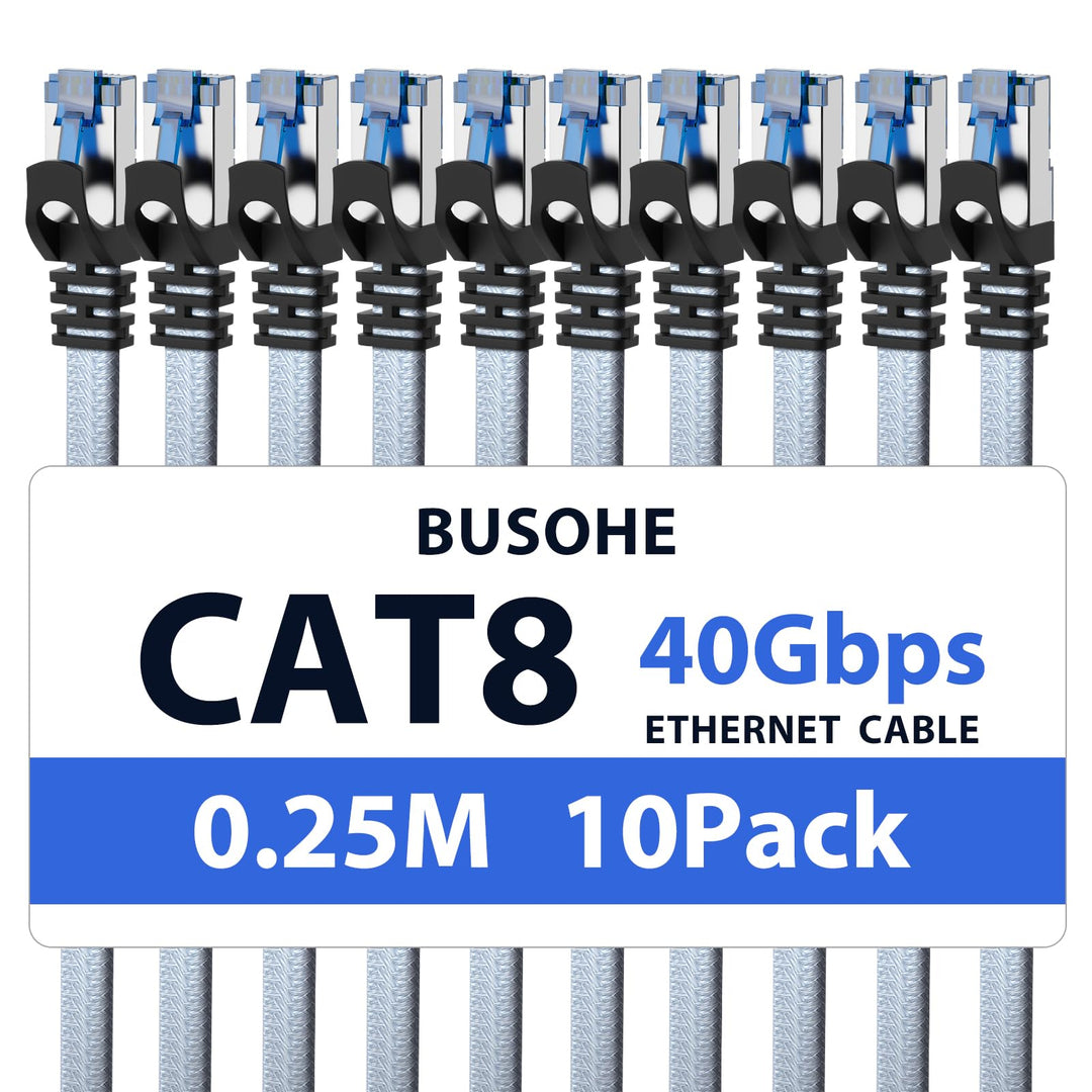 BUSOHE Cat 8 LAN Kabel 0,25m (10-Stück), 40Gbps 2000MHz Ethernet Kabel Netzwerkkabel, Flach Hochgesc