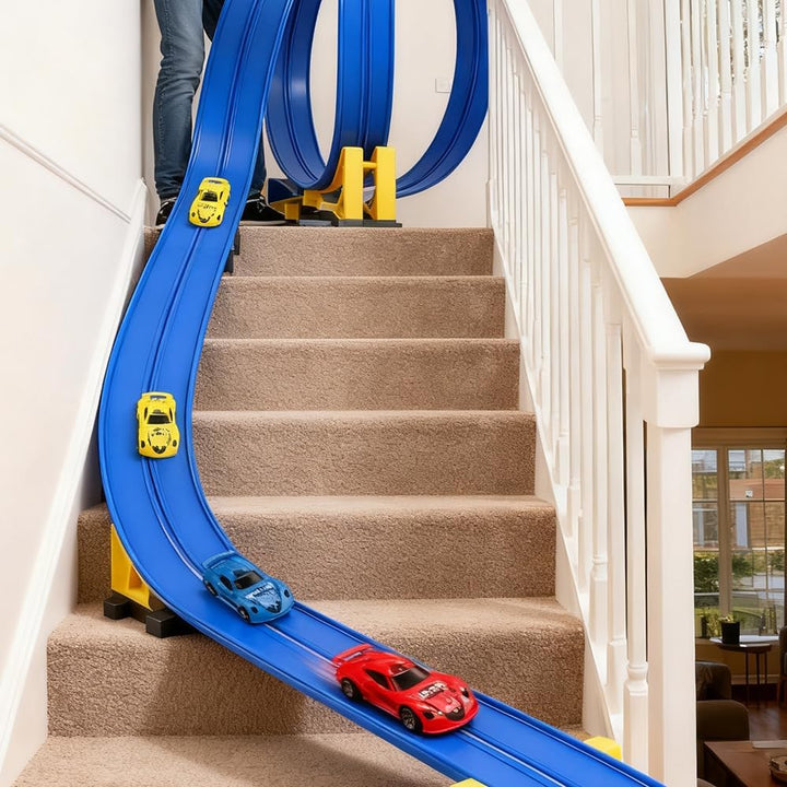 Autorennbahn Spielzeug Auto, 5m Flexible Autobahn Kinder Inklusive 4 Autos, Rennbahn Auto Kinder, Re