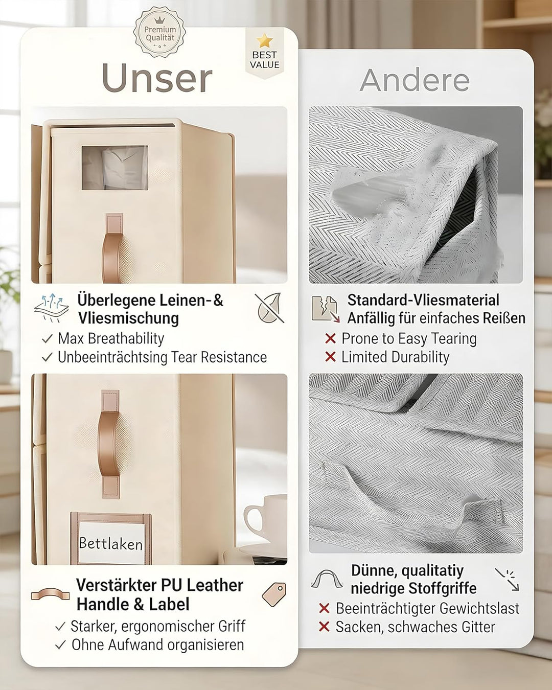 SwartLife 6er Set Bettwäsche Organizer Box - Premium Leinen-Mix Betttuch Aufbewahrung für King Size
