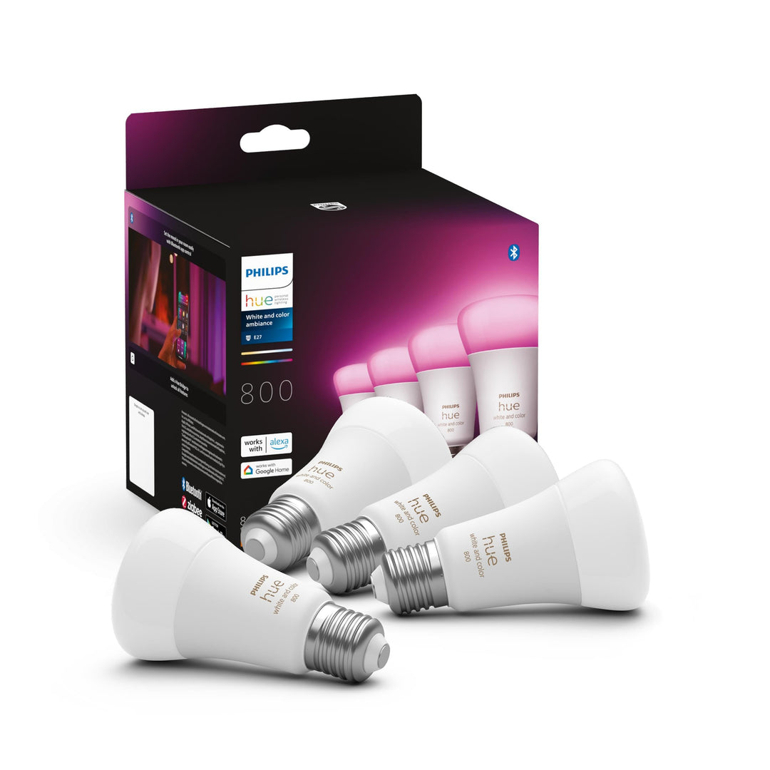 Philips Hue White & Color Ambiance E27 LED Leuchten 4-er Pack, dimmbare LED Lampen für das Hue Licht