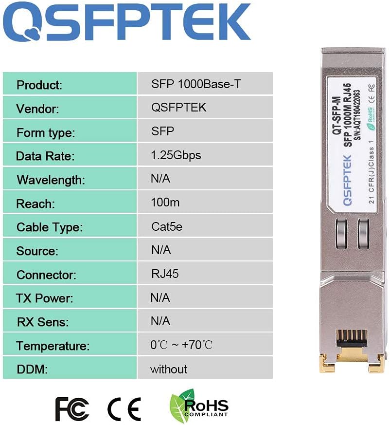 QSFPTEK 1000BASE-T Gigabit Kupfer SFP Transceiver up to 100m, SFP auf RJ45 Mini Gbic 1G SFP-T Modul
