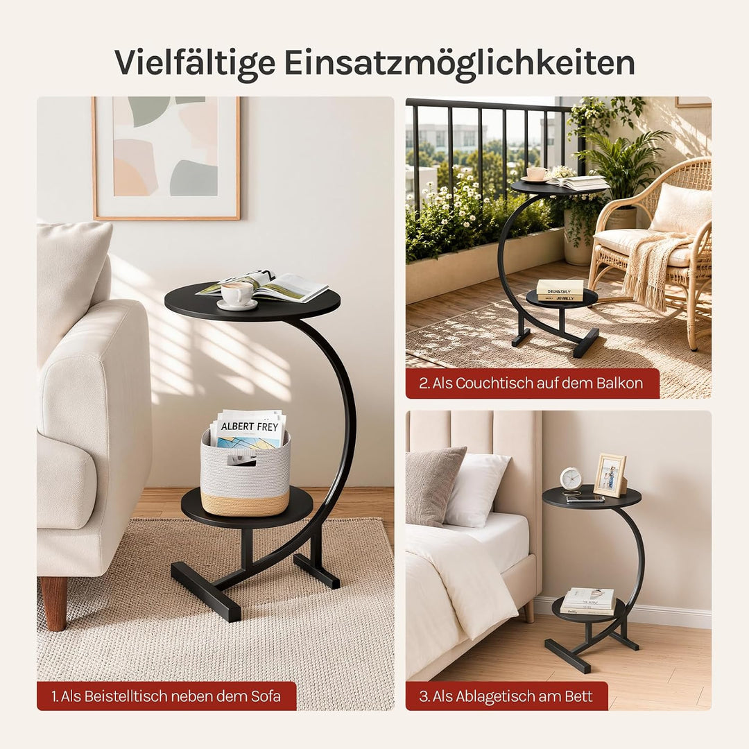 WOLTU Beistelltisch rund, Kleiner Beistelltisch C Form, mit 2 Ablagen, aus MDF und Metall, für Wohnz