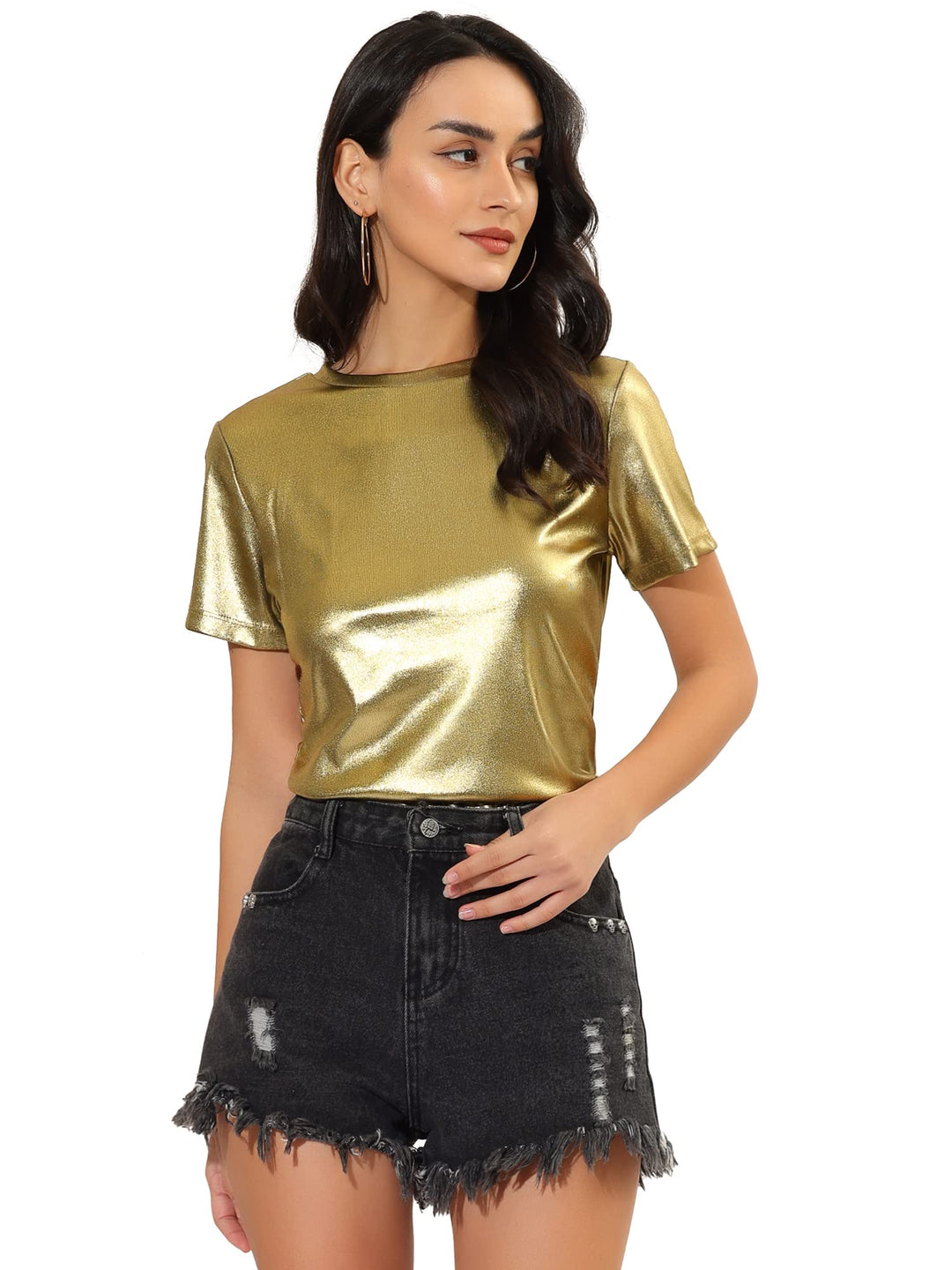 Allegra K Damen Sexy Metallic Party Top Outfit Festival Glitzer Kurzarm Rundhals T-Shirt Oberteil Bl