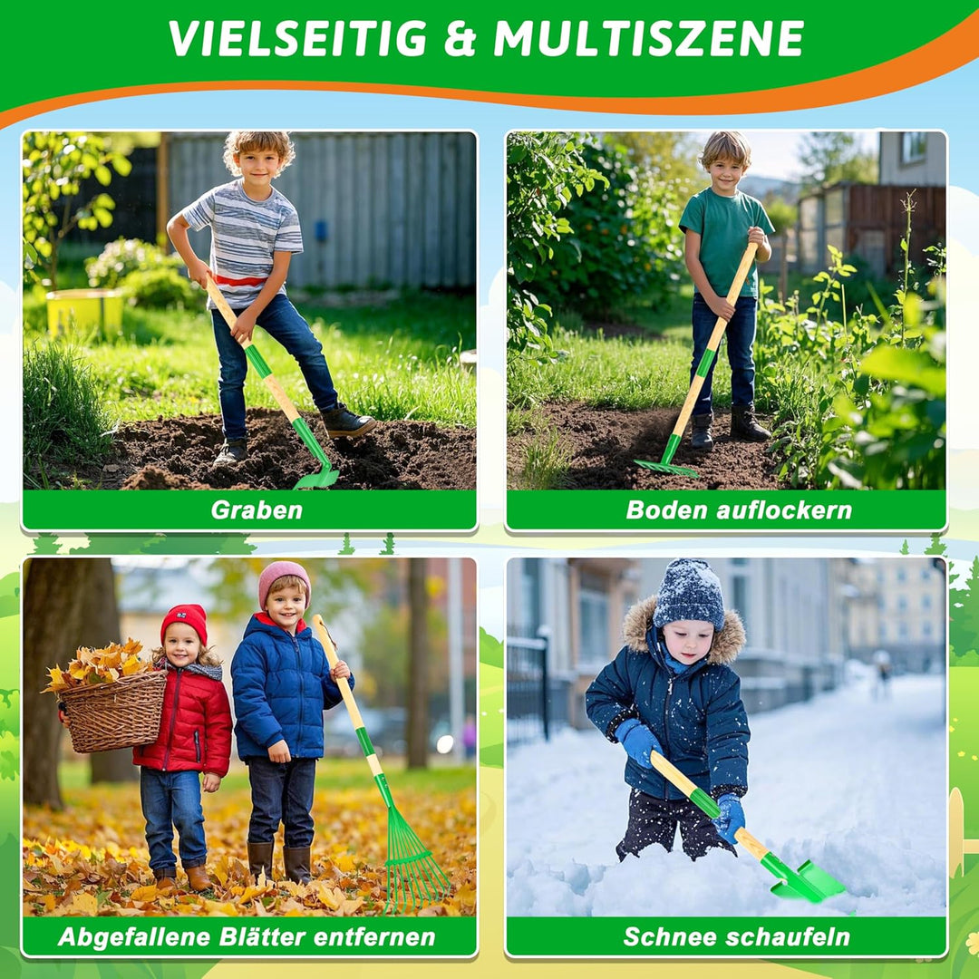 IEEILULU Kinder Gartengeräte Set, Gartenwerkzeug Kinder aus Holz 7 Teilig, Gartenspielzeug Abnehmbar