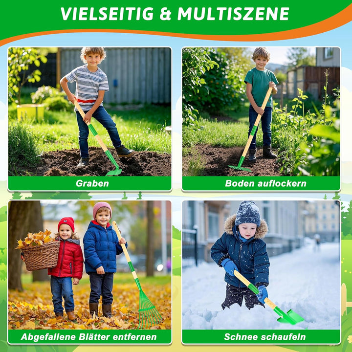 IEEILULU Kinder Gartengeräte Set, Gartenwerkzeug Kinder aus Holz 7 Teilig, Gartenspielzeug Abnehmbar