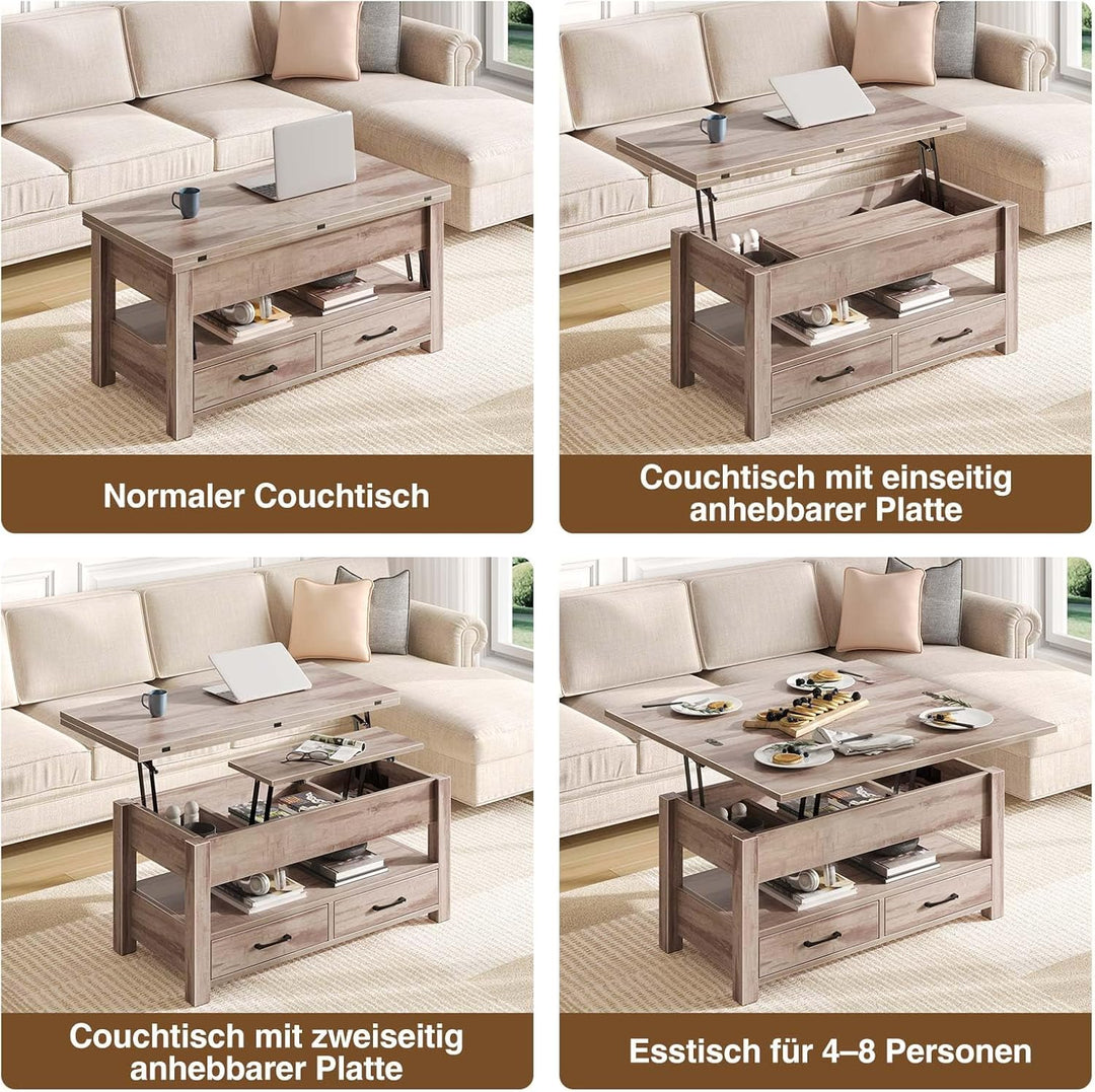 Rolanstar Couchtisch Höhenverstellbar, Wohnzimmertisch mit Schublade & verstecktem Fach, Kaffeetisch