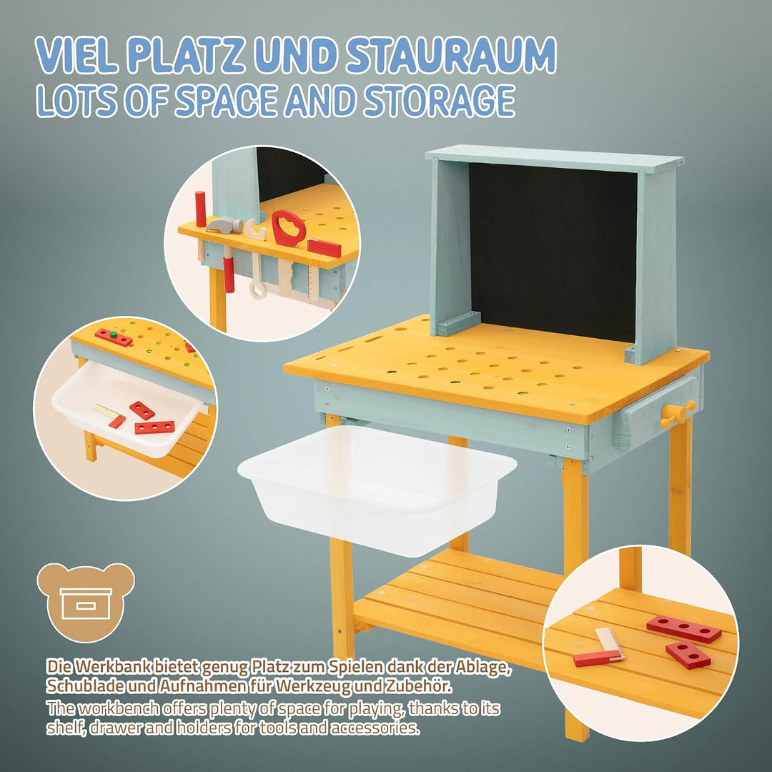 Joyz Werkbank Kinder Holz, Kinderwerkbank mit Tafel &amp; Zubehör, Werkzeugbank Kinder aus massivem Tann
